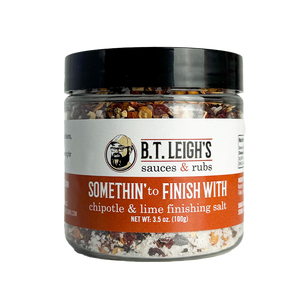 Jar of B.T. Leigh's chipotle & lime finishing salt on a white background