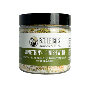 Jar of B.T. Leigh's Garlic & Rosemary Finishing Salt on a white background
