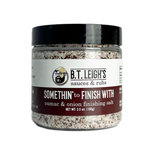 Jar of B.T. Leigh's sumac & onion finishing salt on a white background