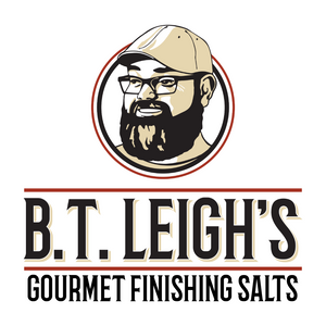 Logo of B.T. Leigh's Gourmet Finishing Salts featuring a man with glasses and a beard.