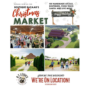 Boutique Bazaar Christmas Market event with crowds, vendor booths, barn, and B.T. Leigh's Sauces and Rubs branding.