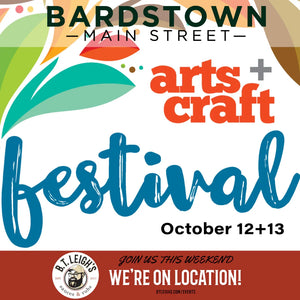Bardstown Main Street arts and craft festival banner with B.T. Leigh's Sauces and Rubs logo.