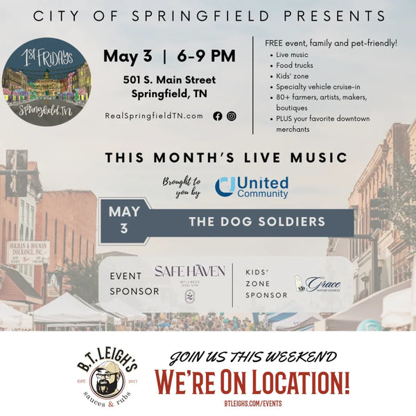 Springfield Night Market event flyer with B.T. Leigh's Sauces and Rubs logo, event location, and live music details.