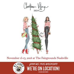 Christmas Village 2024 Nashville event promo with two women, holiday tree, B.T. Leigh's Sauces and Rubs logo