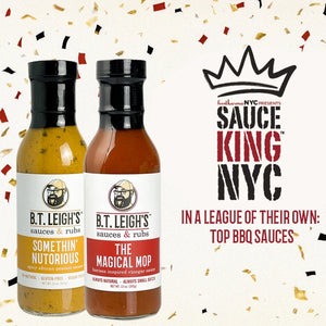 B.T. Leigh's Sauces and Rubs Somethin' Nutorious and The Magical Mop bottles with BBQ award graphic, confetti background.