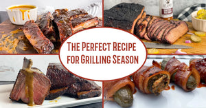 Assorted grilled barbecue meats and bacon-wrapped jalapeños with sauces by B.T. Leigh's Sauces and Rubs, perfect for grilling season.