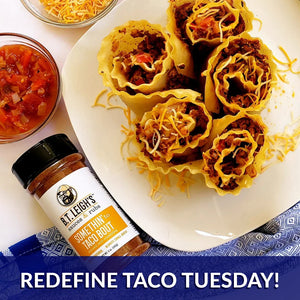 B.T. Leigh's Somethin’ to Taco ‘Bout seasoning with cheesy taco roll-ups and salsa on a plate.