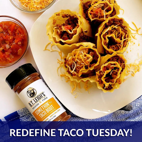 B.T. Leigh's Somethin’ to Taco ‘Bout seasoning with cheesy taco roll-ups and salsa on a plate.