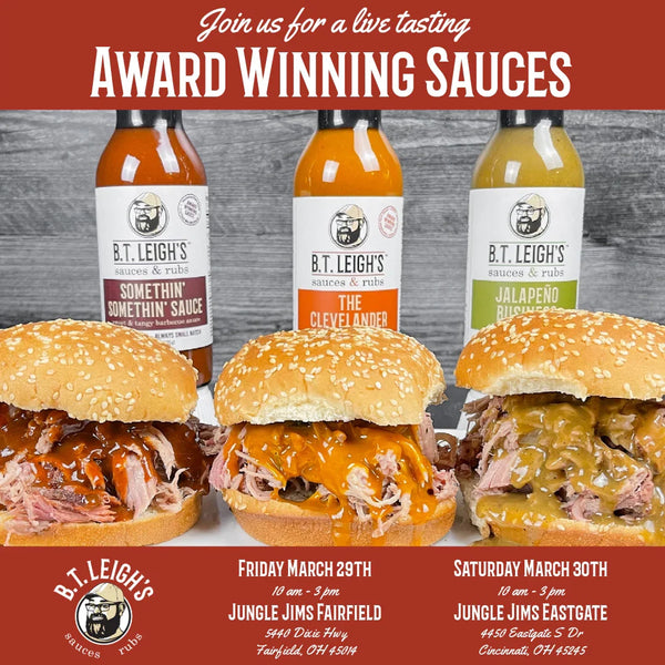 Three pulled pork sandwiches with B.T. Leigh's sauces and rubs bottles behind, promoting live tasting event.