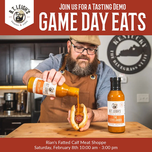 Man pouring B.T. Leigh's The Clevelander barbecue sauce on a hot dog at a tasting demo.