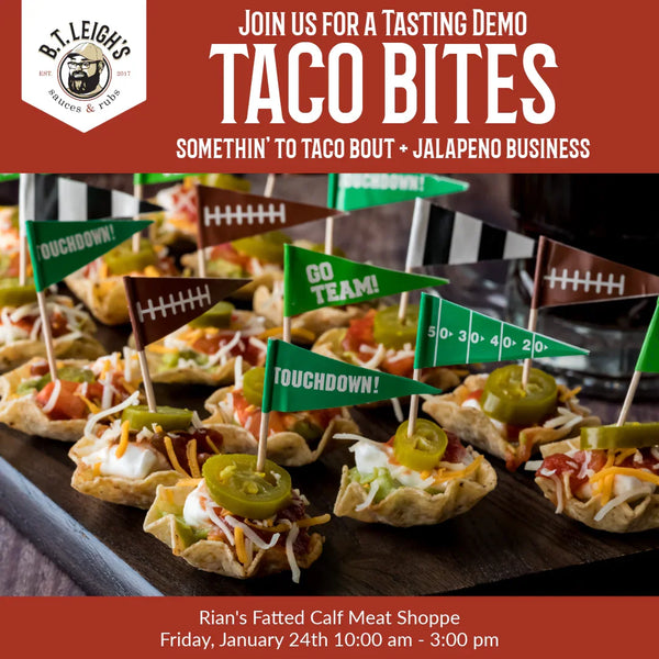 Taco bites appetizers with jalapenos, cheese, and football-themed flags by B.T. Leigh's Sauces & Rubs