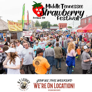 Crowd at Middle Tennessee Strawberry Festival with B.T. Leigh's Sauces and Rubs event promo.