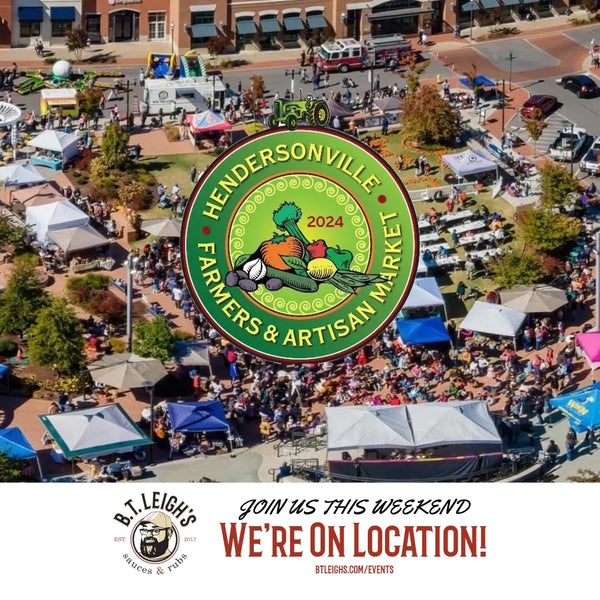 Aerial view of Hendersonville Farmers & Artisan Market with B.T. Leigh's Sauces and Rubs booth tents and crowd.