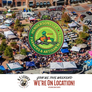 Aerial view of Hendersonville Farmers & Artisan Market with B.T. Leigh's Sauces and Rubs booth tents.
