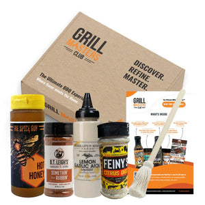 Grill Masters Club BBQ gift box with sauces, rubs including B.T. Leigh's, spices, and basting brush