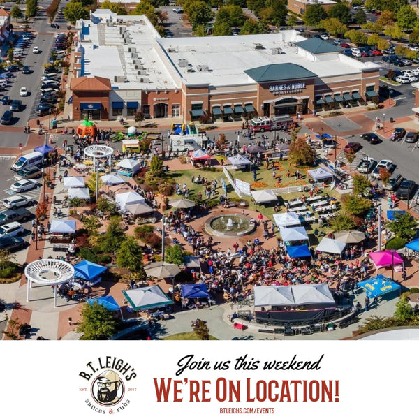 Aerial view of outdoor market with tents and crowds, B.T. Leigh's Sauces and Rubs event.