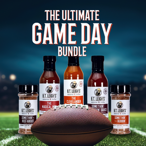 B.T. Leigh's game day bundle with football on a sports field background
