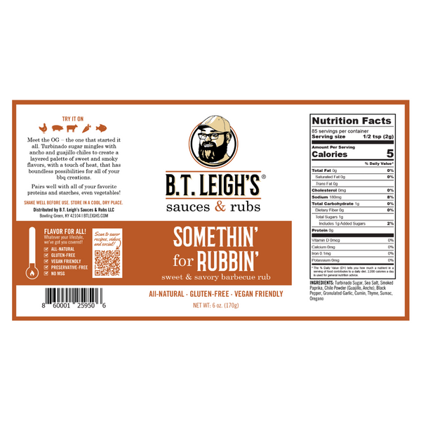 Somethin' For Rubbin' - Sweet & Savory Barbecue Rub - 6 oz Bottle - B.T. Leigh's Sauces and Rubs - -  - -  - - #tag1# - - #tag2# - - #tag3#