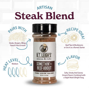 Bottle of B.T. Leigh's Artisan Steak Blend seasoning with label and text on a white background