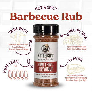 B.T. Leigh's Hot & Spicy Barbecue Rub with packaging details on a white background