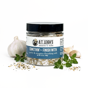 A jar of B.T. Leigh's Somethin' To Finish With Finishing Salt - Garlick & Oregano