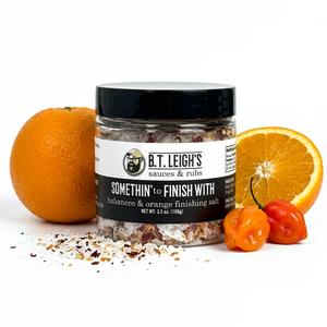 A jar of B.T. Leigh's Somethin' To Finish With Finishing Salt - Habanero & Orange 