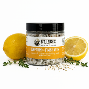 A jar of B.T. Leigh's Somethin' To Finish With Finishing Salt - Lemon & Thyme