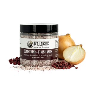 A jar of B.T. Leigh's Somethin' To Finish With Finishing Salt - Sumac & Onion